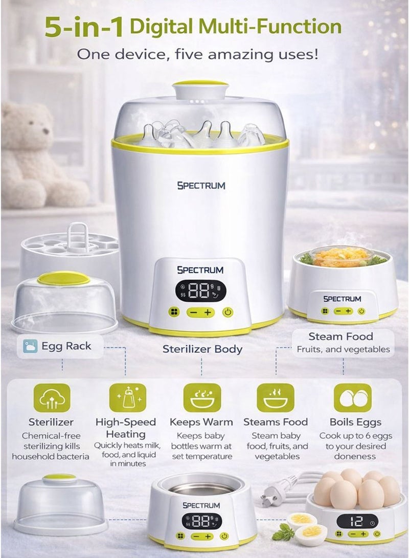 سبيكتروم جهاز تعقيم وتسخين زجاجات الرضاعة بالبخار متعدد الوظائف 5 في 1، رقمي، مناسب للأطفال حديثي الولادة والرضع. تعقيم بالبخار خالٍ من المواد الكيميائية، مصنوع من مادة البولي بروبيلين الآمنة غذائيًا والخالية من مادة BPA. يُعقم زجاجات الرضاعة، والحلمات، والأغطية، واللهايات، وأجزاء مضخة الثدي. يتسع لما يصل إلى 8 زجاجات قياسية أو 6 زجاجات ذات عنق عريض. يتميز بتسخين الحليب بسرعة عالية، ووظيفة الحفاظ على دفء الحليب، وجهاز تبخير طعام الأطفال، وجهاز سلق البيض مع رف للبيض. - Image 2